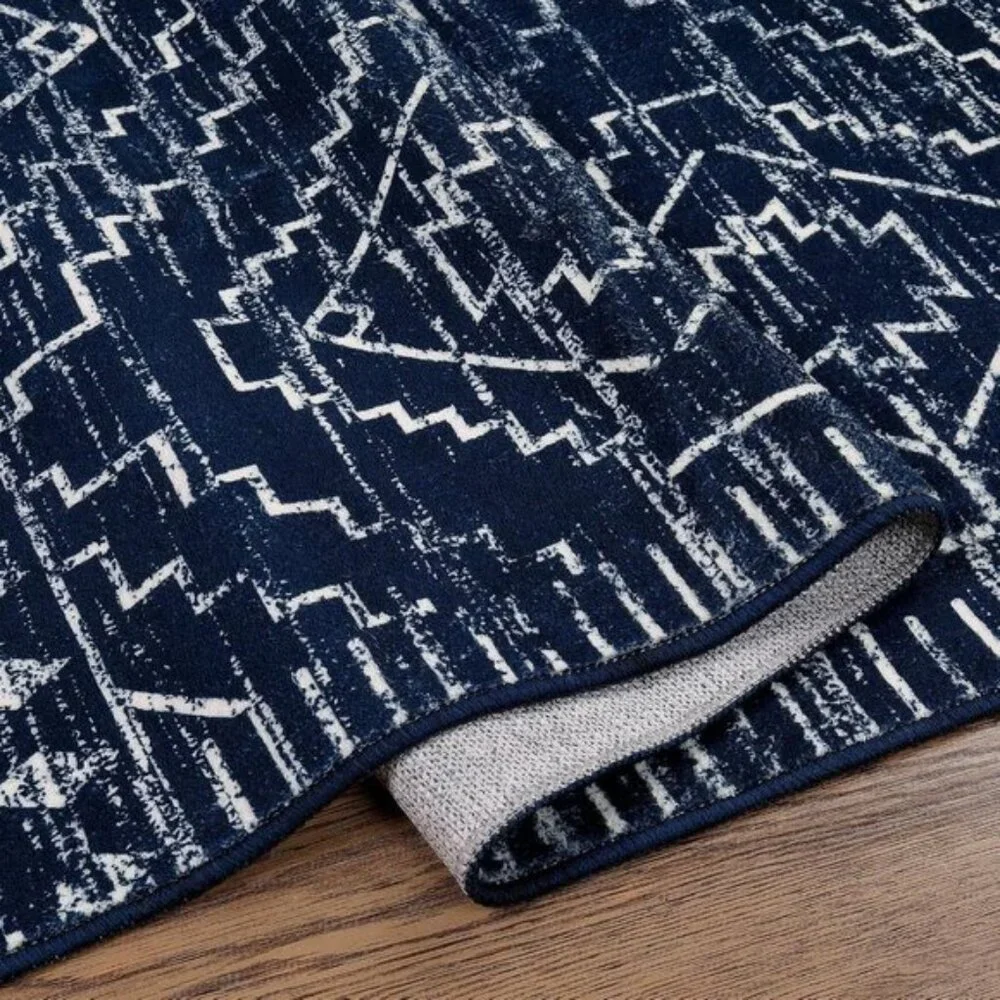 New 3x5 Blue Moroccan Rug, Washable Non-Slip Geometric Carpet for Entry & Home
